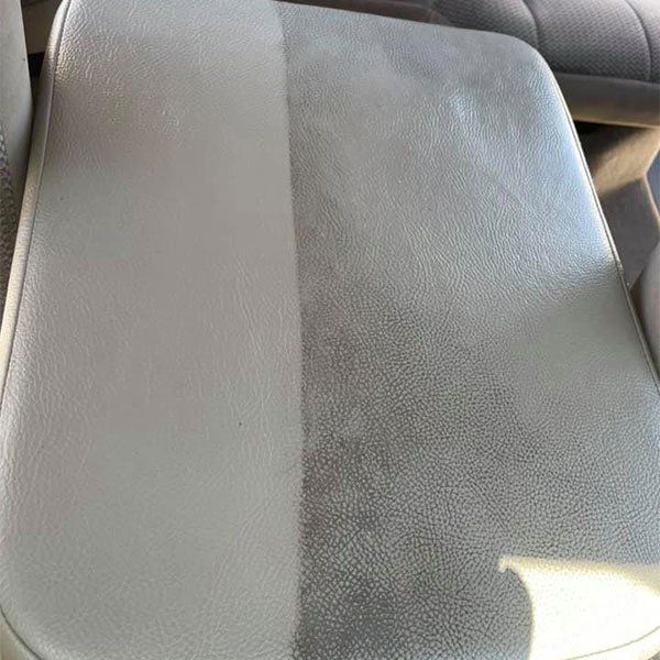 A picture of a car seat before and after being cleaned.
