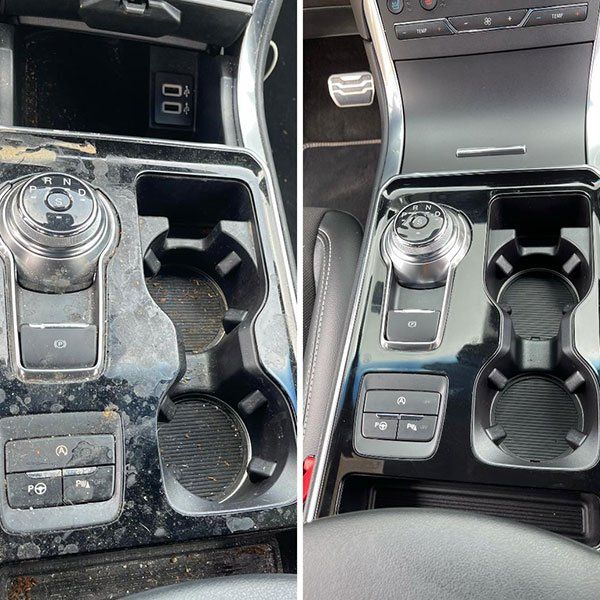 A before and after picture of a car 's center console.