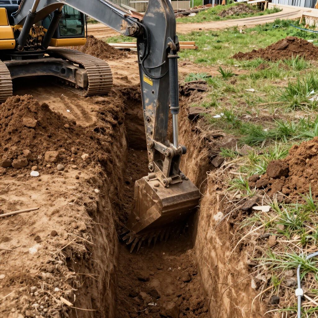 Excavator digging a trench in the earth on a construction site.