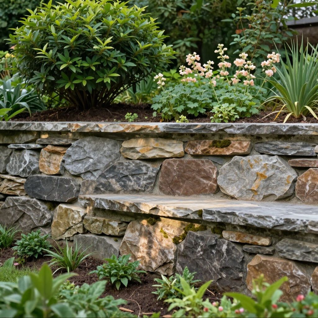 Stone retaining wall with a built-in step, garden with greenery and flowers.