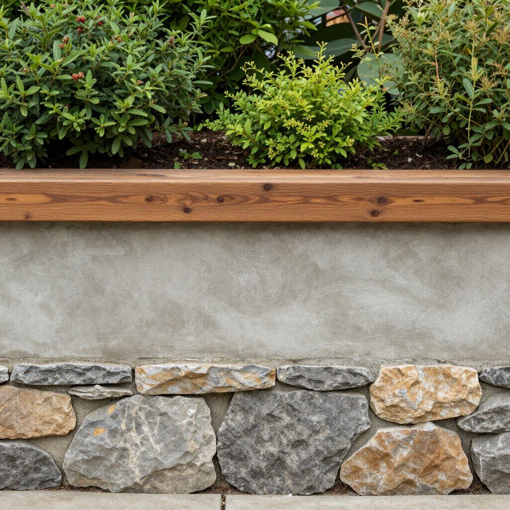 Stone and concrete garden wall with a wooden ledge and green plants.