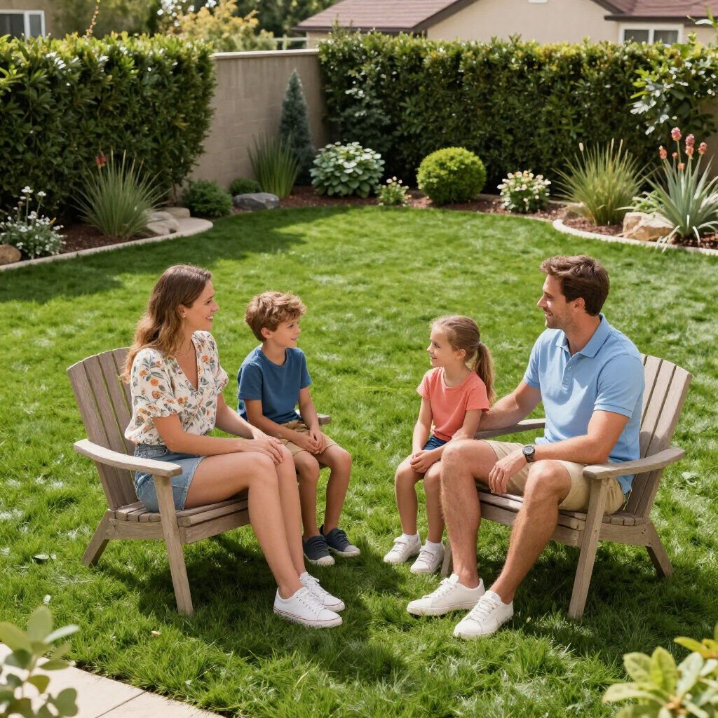 Family of four seated on outdoor bench in a backyard, smiling and talking.