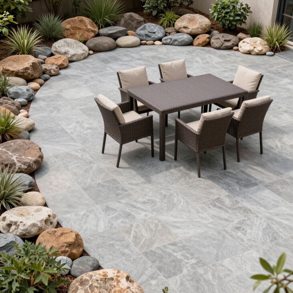 Patio with gray stone tiles, a brown table, six chairs, and rock garden border.
