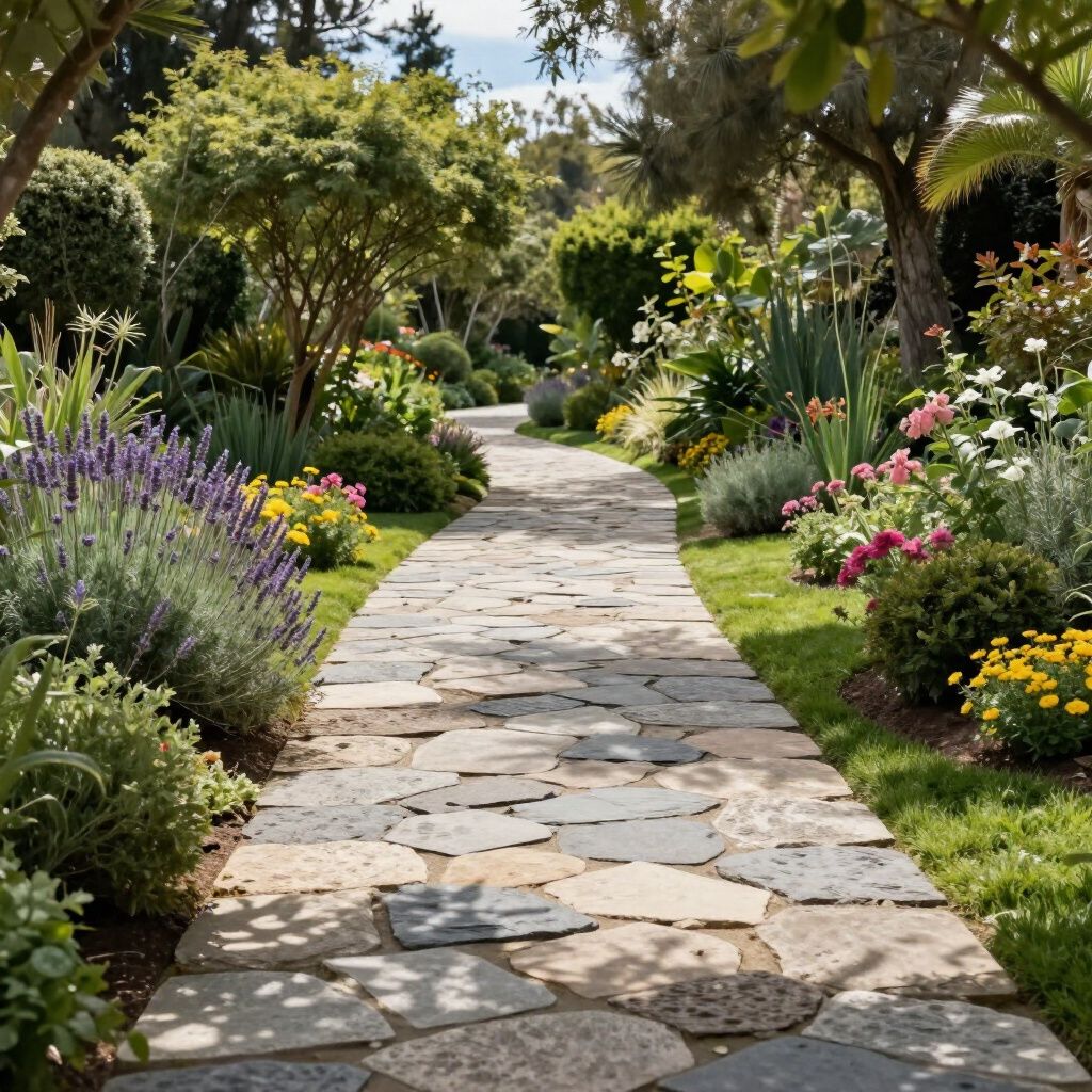 Stone path winds through a lush garden filled with colorful flowers and green foliage.