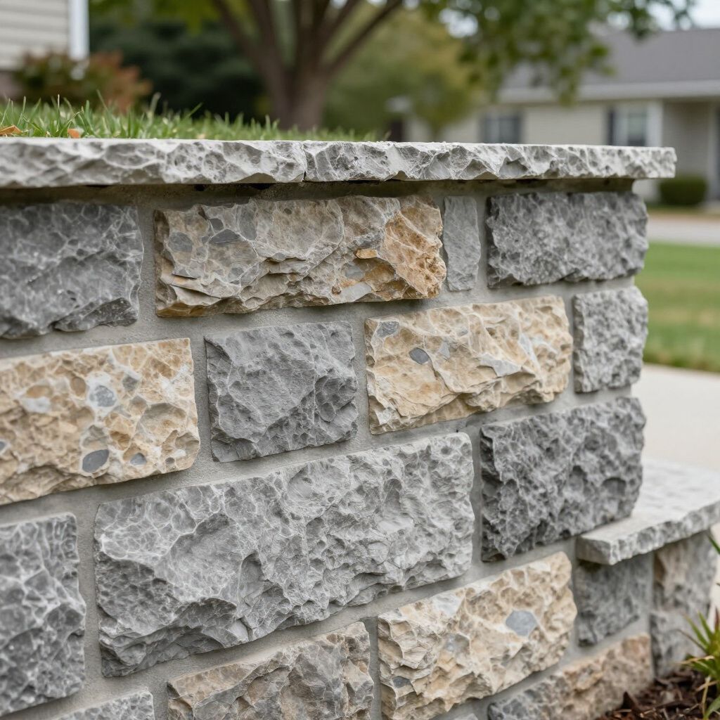 Stone retaining wall, grey and tan blocks, topped with green grass, in a residential setting.