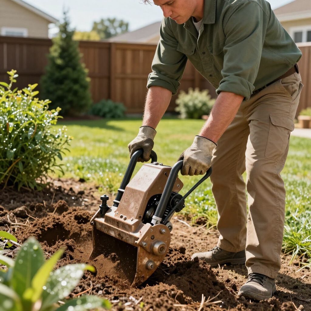 Man using a soil cultivator in a backyard, brown soil, wooden fence, green shirt, tan pants, gloves.