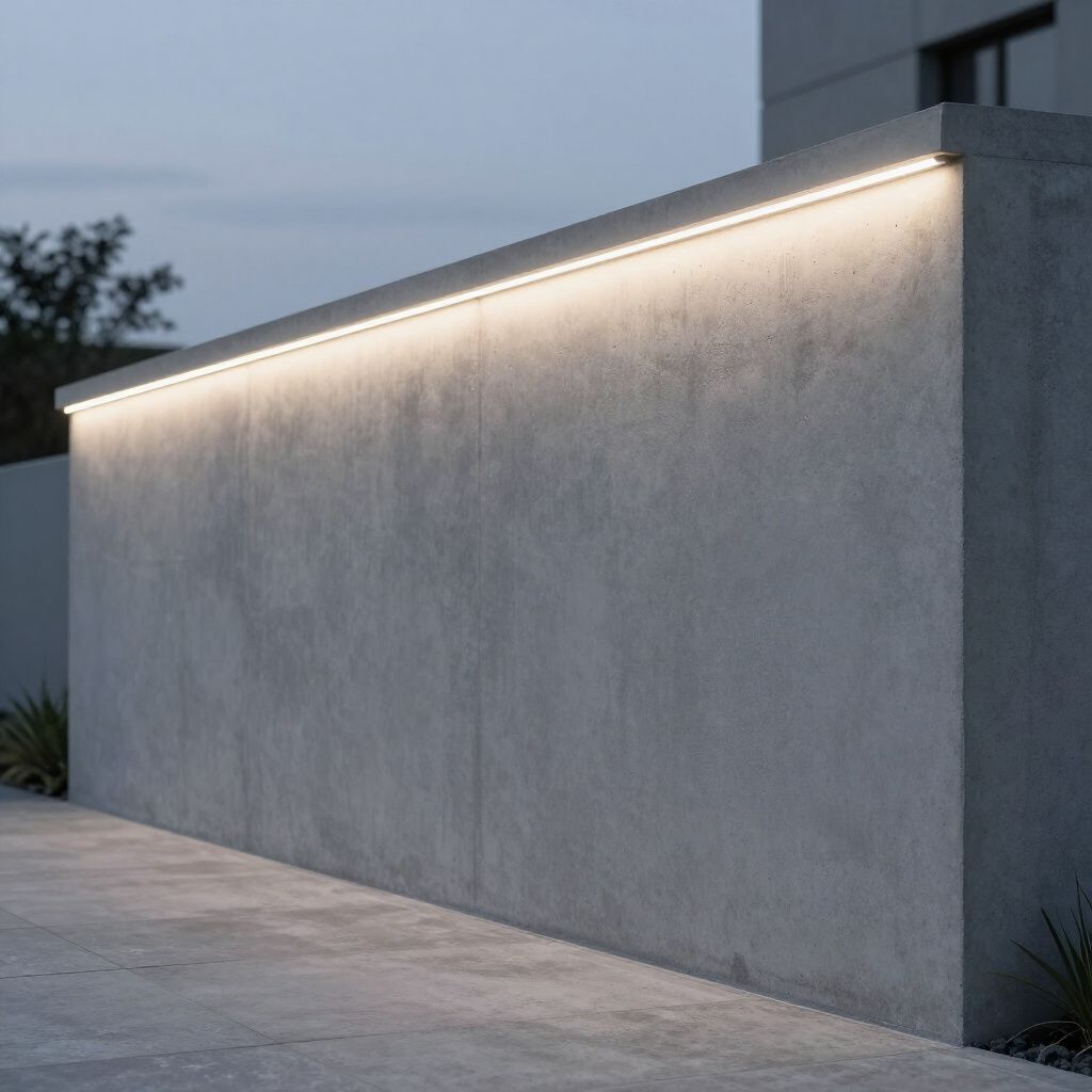 A concrete wall with a strip of warm-toned lighting along the top, casting light on the wall and ground at dusk.