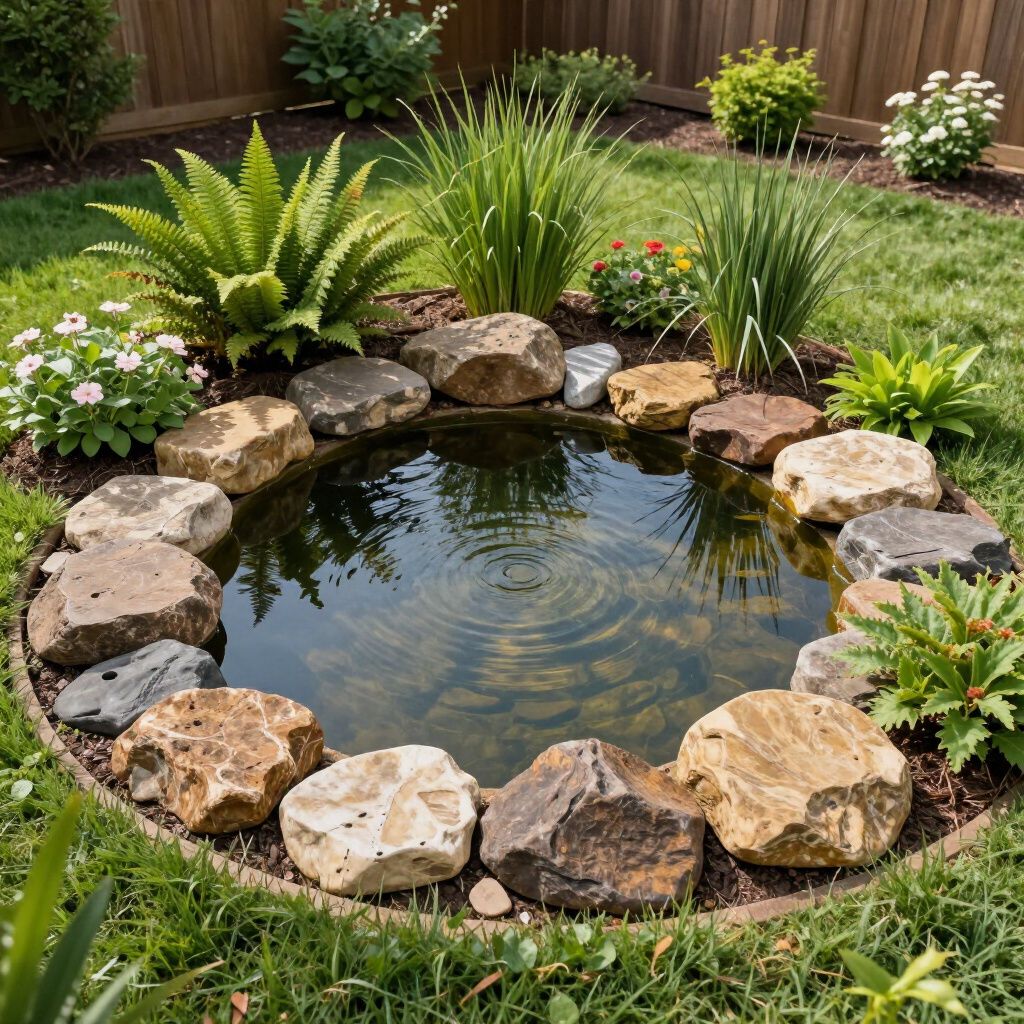 A small, circular garden pond surrounded by rocks, lush green plants, and grass.