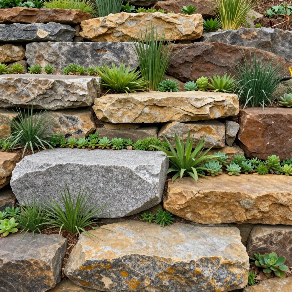 Stone retaining wall with succulents and grasses.