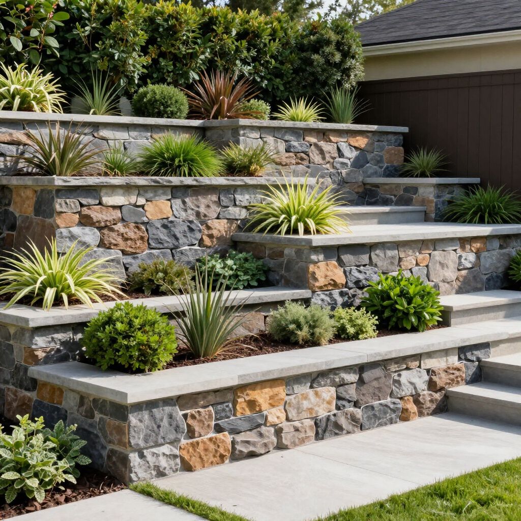 Stone retaining wall with steps and tiered planters filled with green plants.