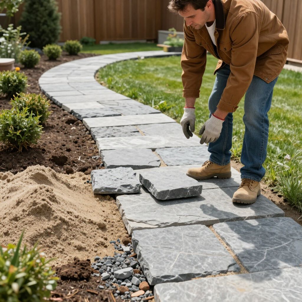 Man laying stone pathway in a yard, using gloves and work boots. Brown jacket, blue jeans.