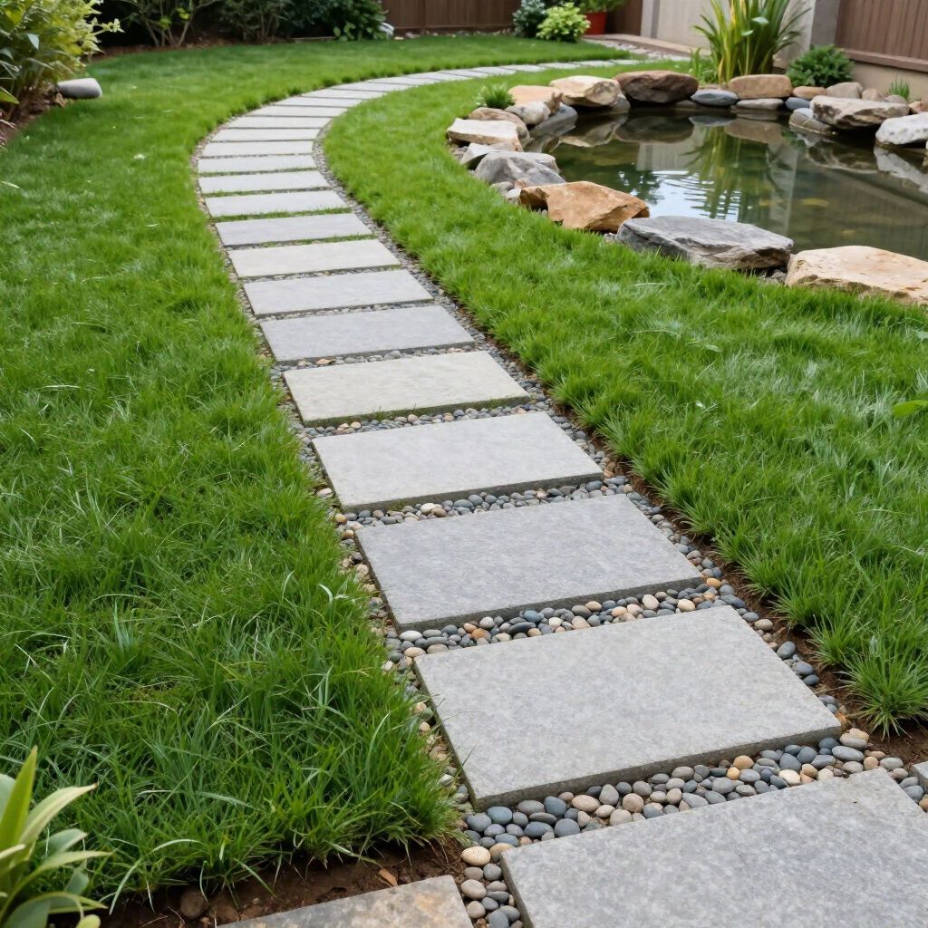 Stone pathway winding through green grass beside a pond, rocks visible.