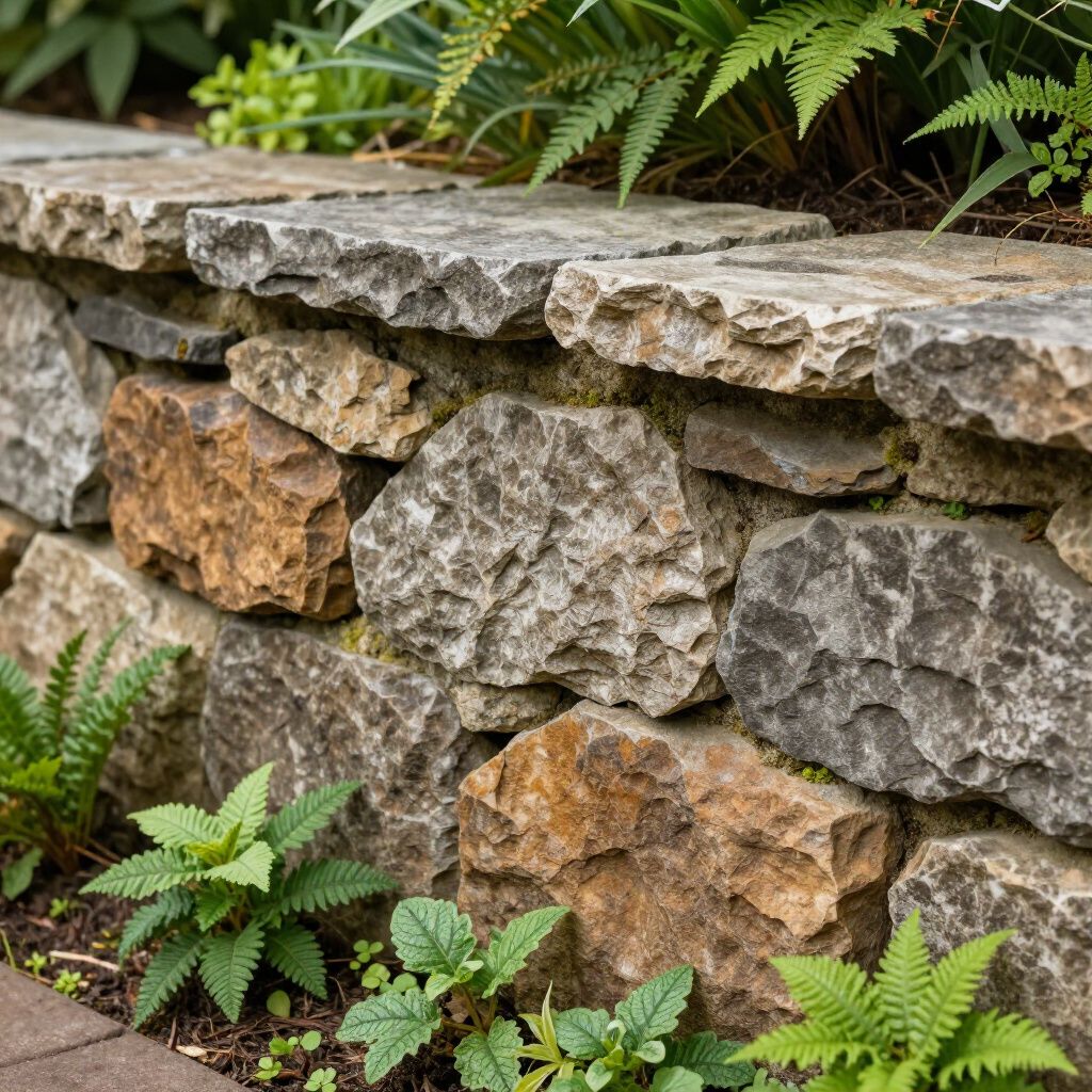 Stone retaining wall with plants growing in and around it.