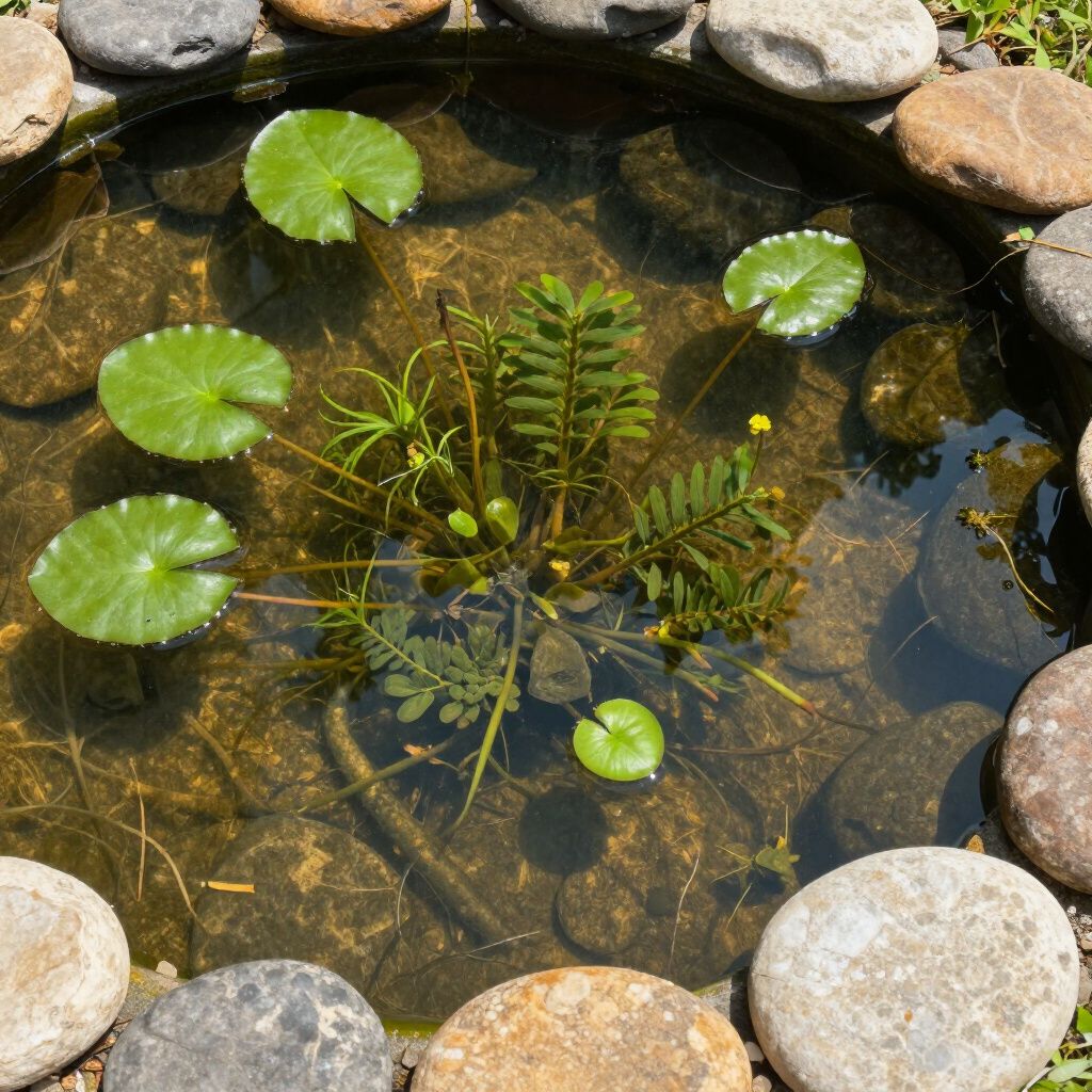 Circular pond with rocks, water lilies, and plants.