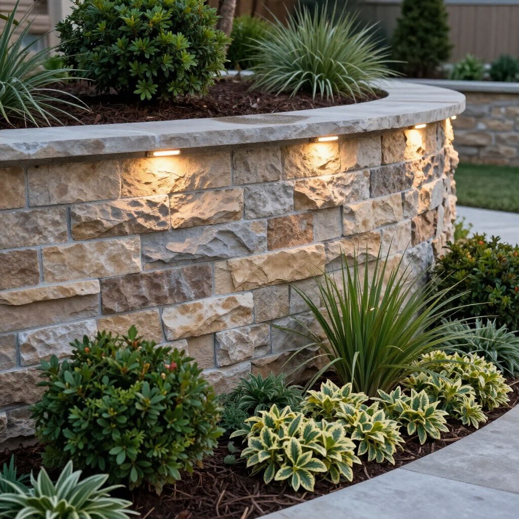 Stone retaining wall with built-in lights, surrounding a garden bed of various green plants.
