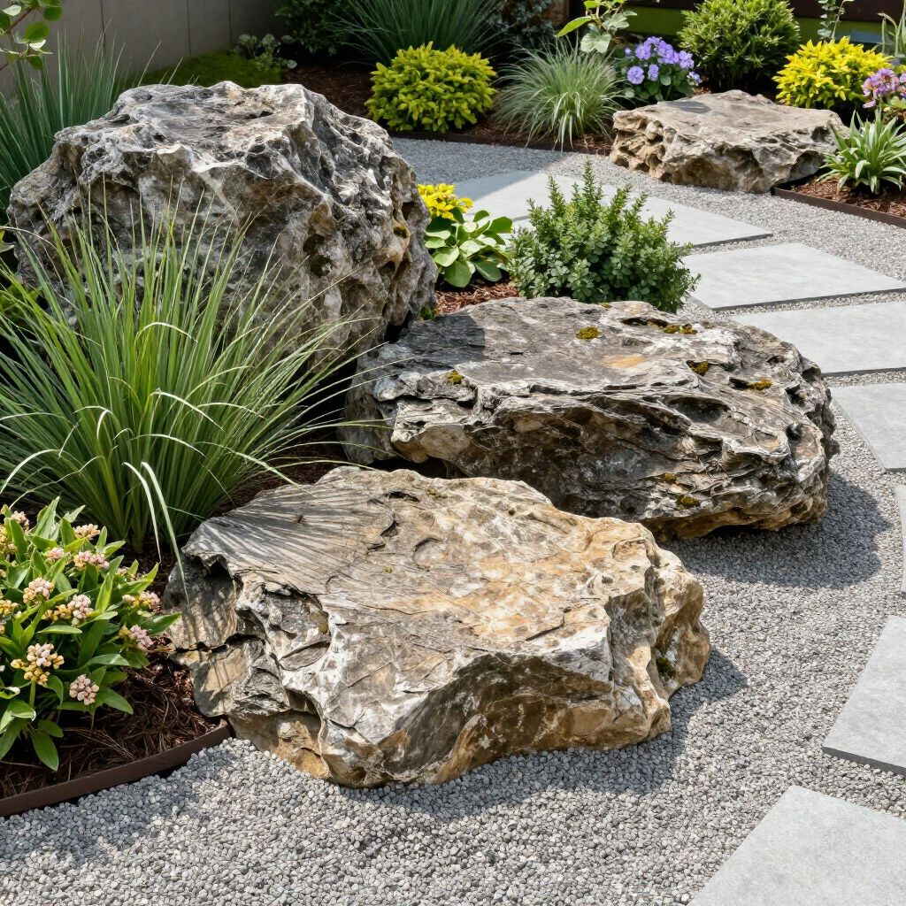 Large decorative rocks in a garden bed with gravel and stepping stones, surrounded by plants.