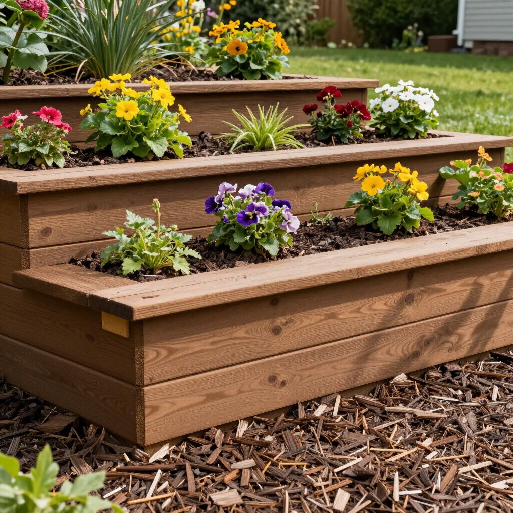 Multi-tiered wooden raised garden bed filled with colorful flowers.