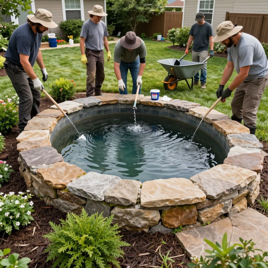 Five people build a stone-lined water feature in a yard. They're using rods to place something in the water.