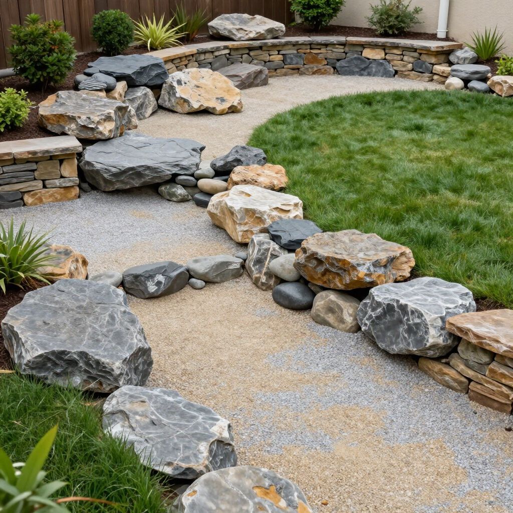 Stone pathway through a garden, lined with large rocks and gravel, with a grassy area.