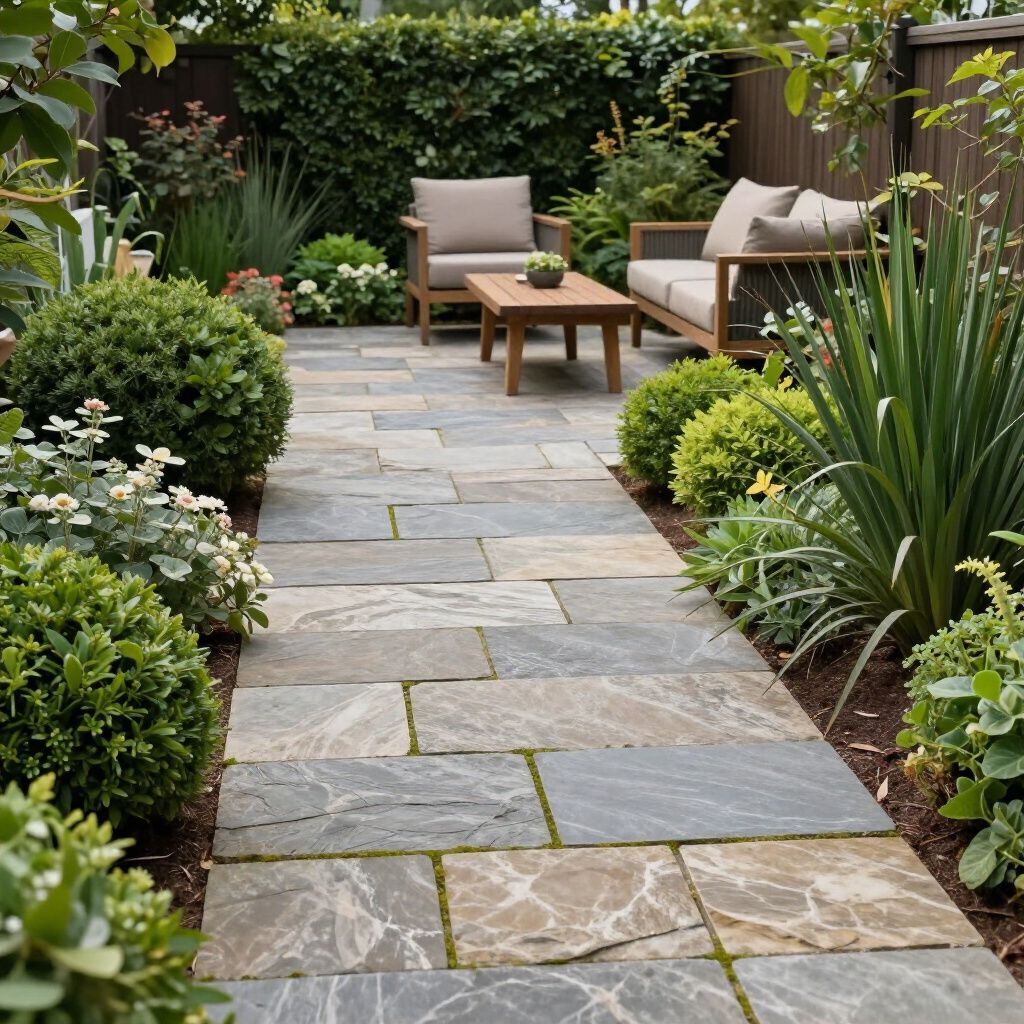 Stone path leads to outdoor seating area surrounded by plants.