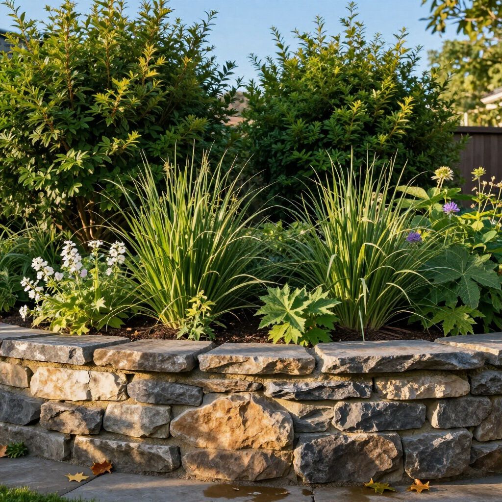 Stone retaining wall with lush green plants, sunny setting.