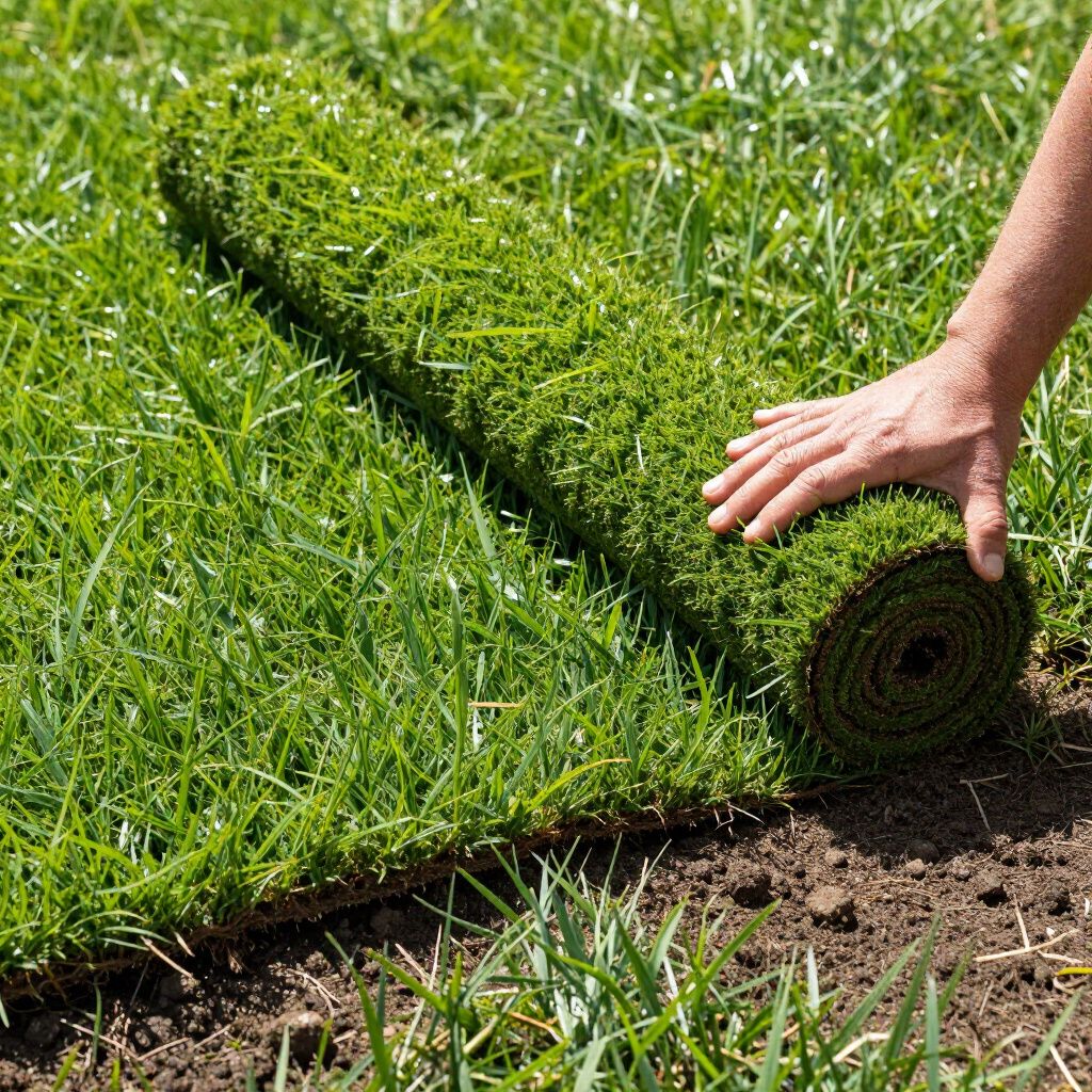 Hand rolling out a section of green sod onto bare soil.