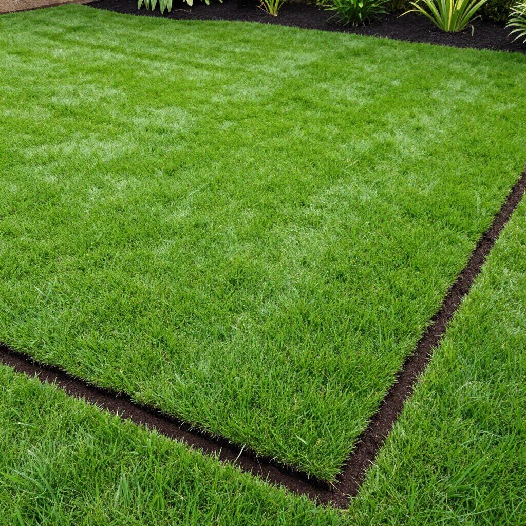 Lush green lawn with a dark border of soil, neatly edged near a bed of plants.