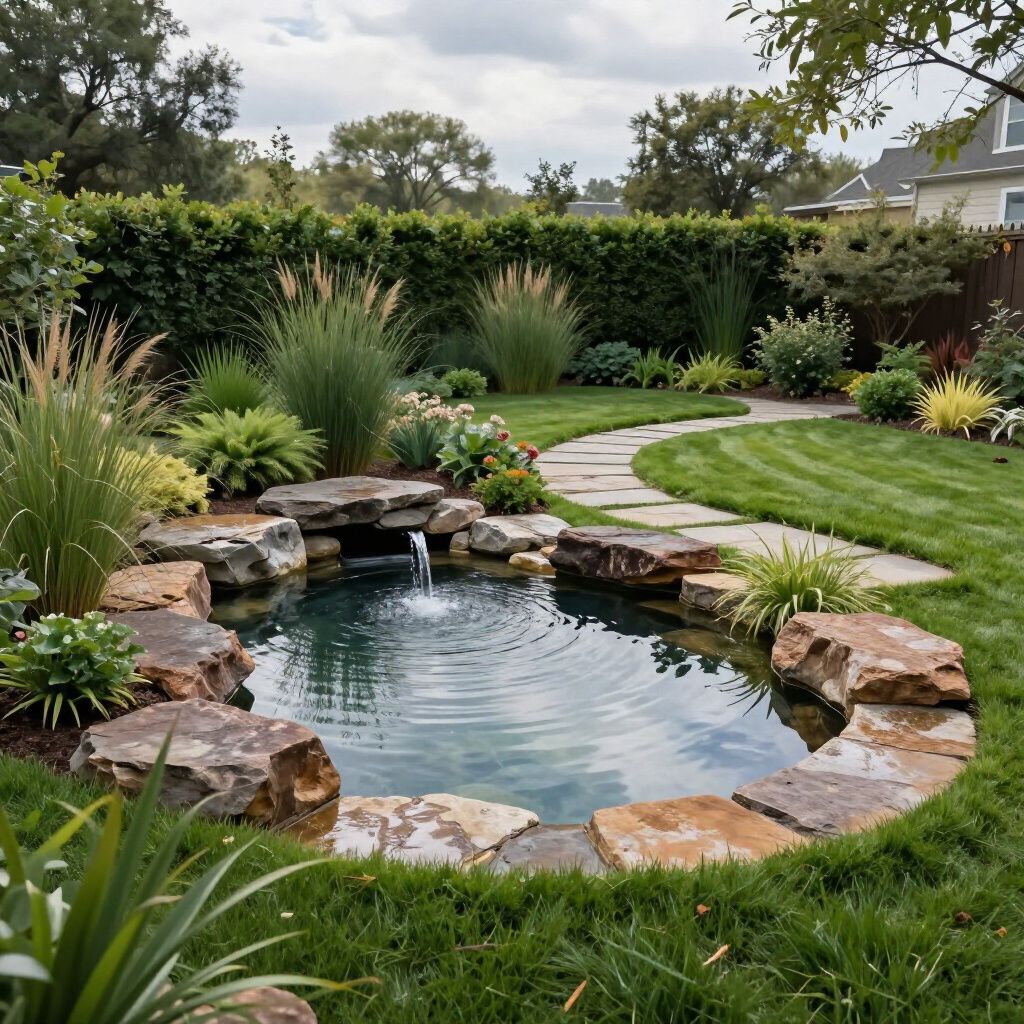 A small, circular pond with rocks and a small waterfall in a lush, green garden with a stone path.
