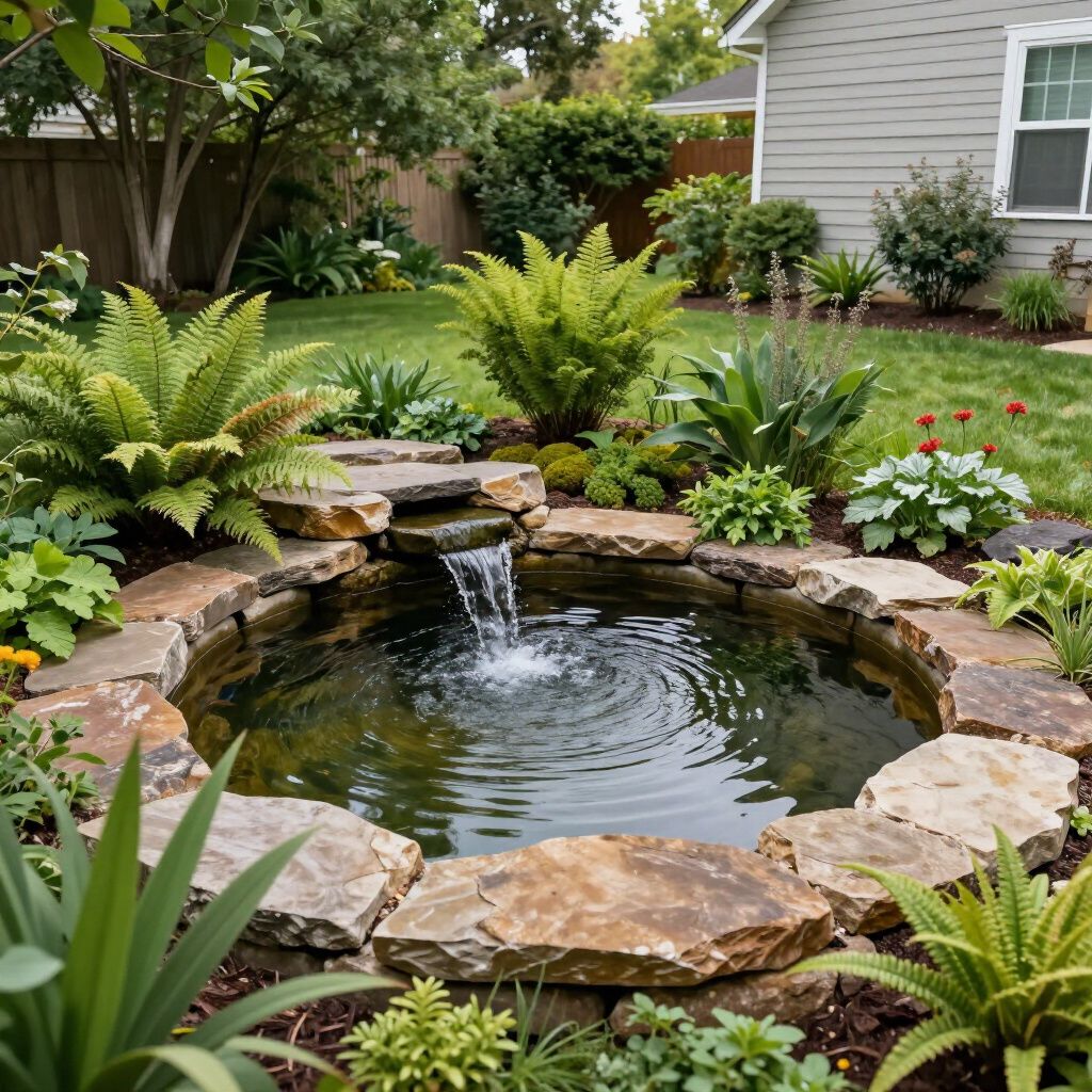 Small pond with waterfall in a lush garden, surrounded by stones and various green plants.
