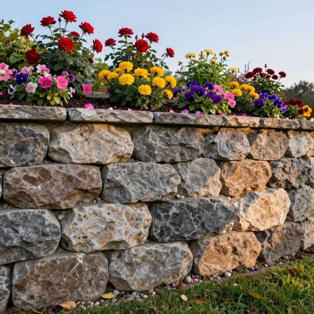 Stone retaining wall with colorful flowers: red roses, yellow and purple blooms.