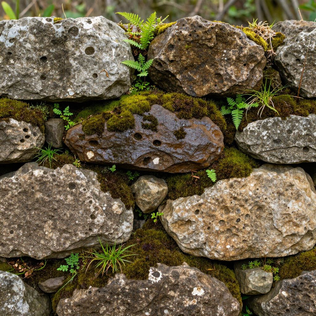 Close-up of a weathered stone wall covered in moss and small green plants.