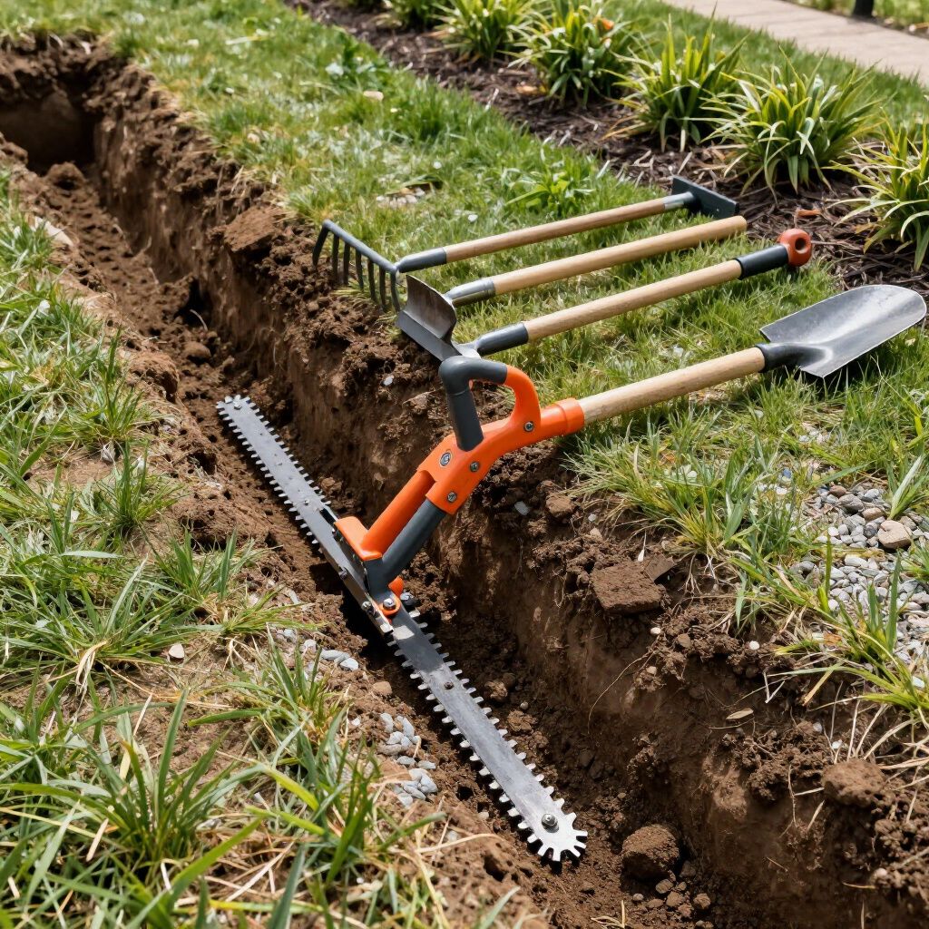 Trench in yard with gardening tools: rake, hoe, shovel. Saw-like tool in trench. Green grass, brown soil.