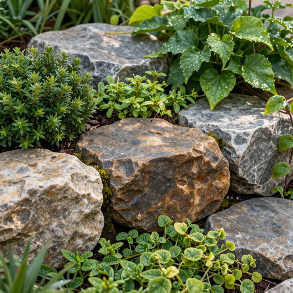 Rocks in a garden bed surrounded by green plants and foliage.