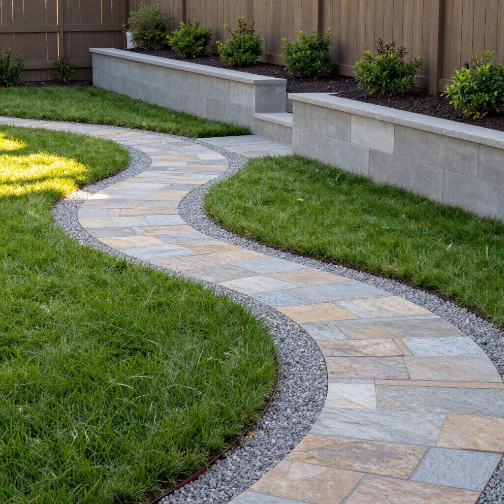 Winding stone path through green lawn, bordered by gravel and a low retaining wall with shrubs.