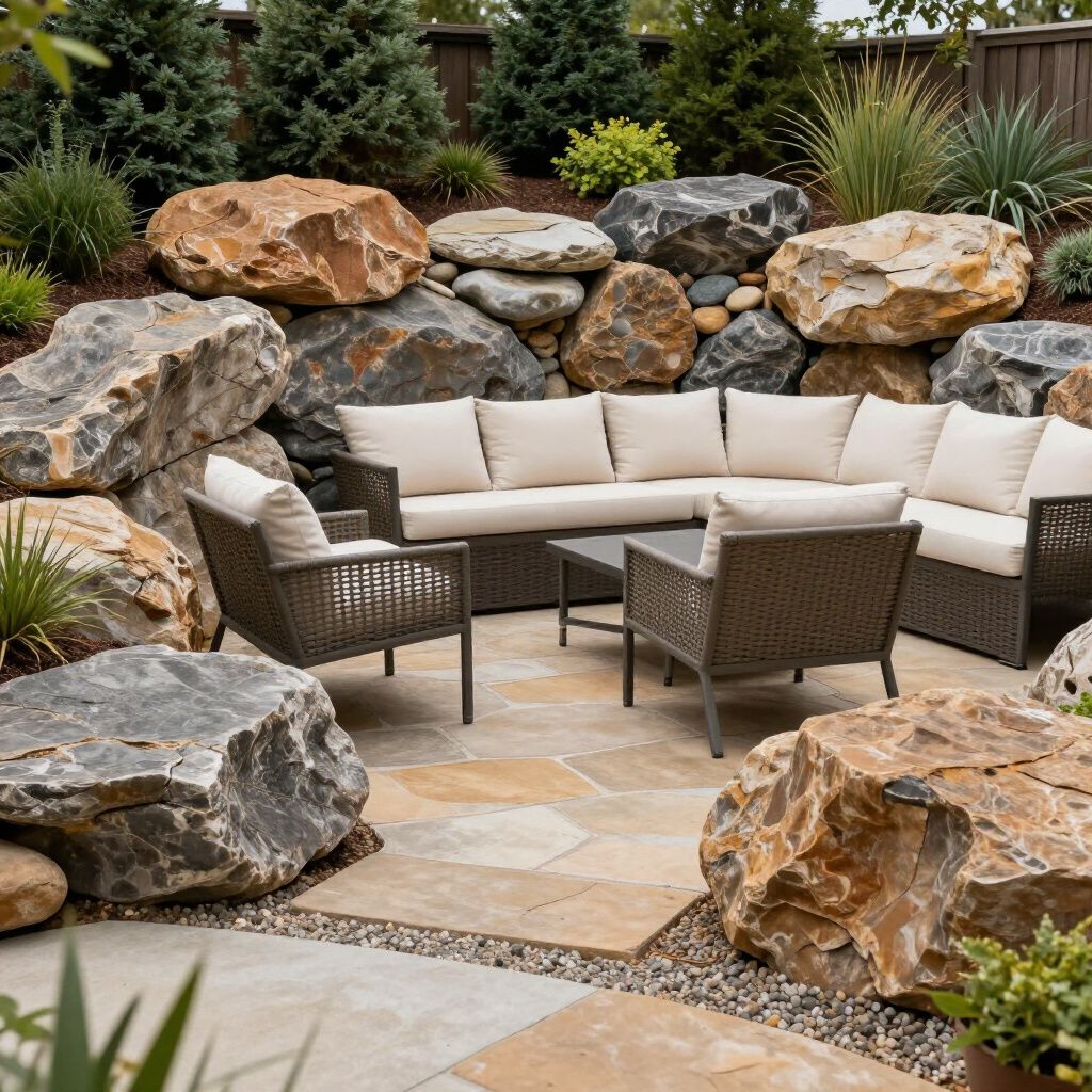 Outdoor seating area with beige cushions, surrounded by large rocks and greenery.