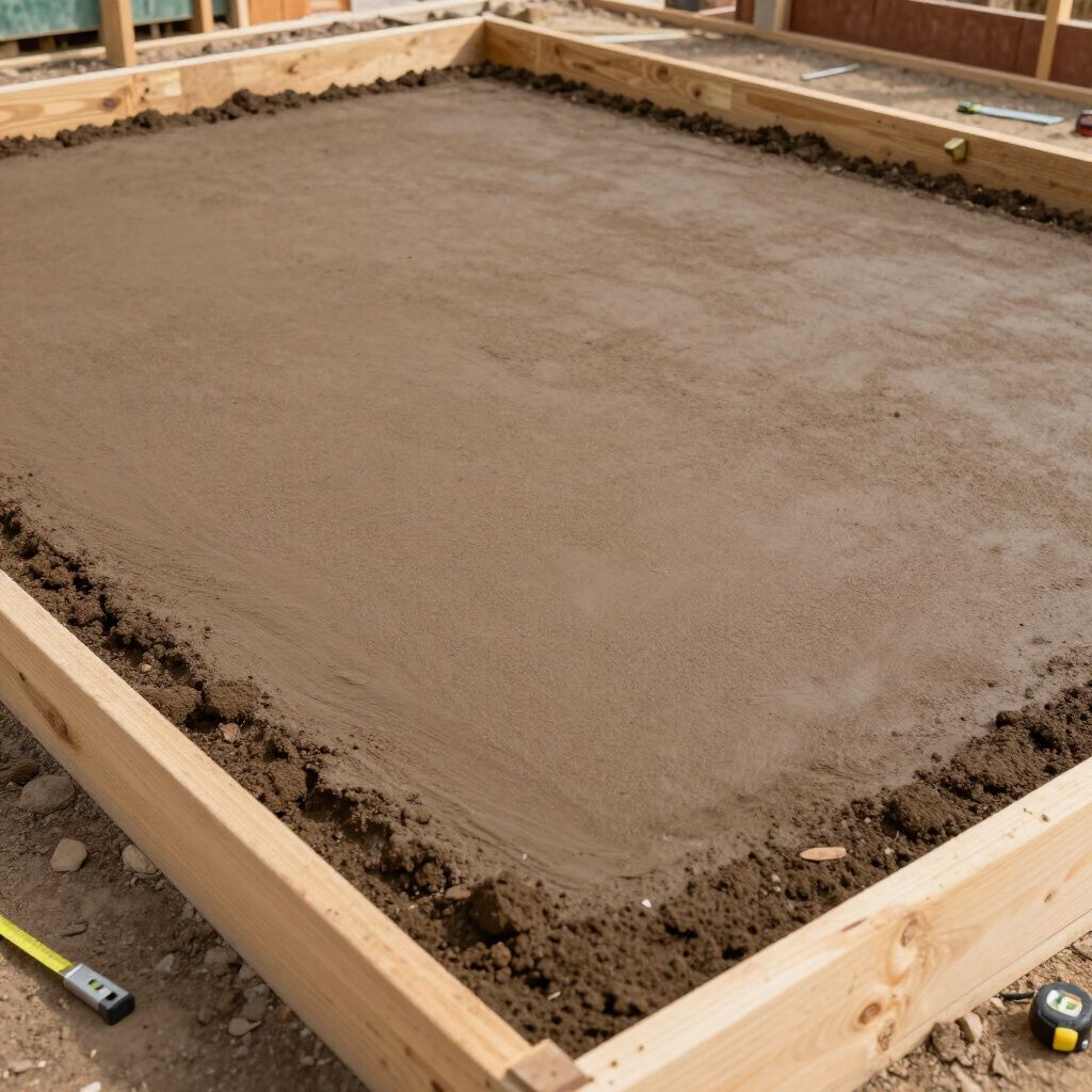 A wooden frame filled with wet, brown concrete, likely a foundation being constructed outdoors.