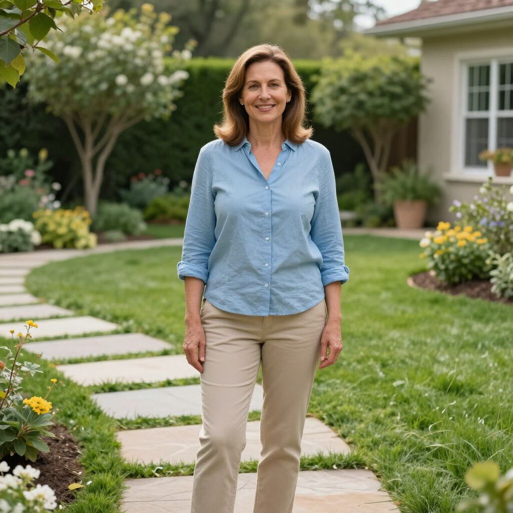Woman in blue shirt and khakis, standing on a stone path in a garden.