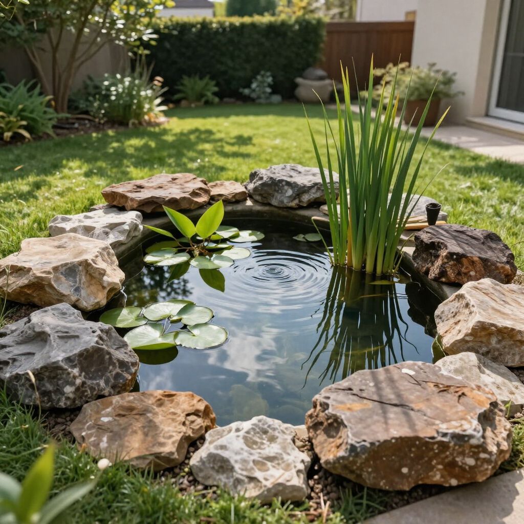 Small pond in a garden surrounded by rocks, with plants and ripples on the water.
