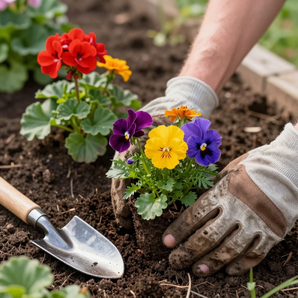 Person planting colorful pansies in a garden bed, wearing gloves, with a trowel nearby.