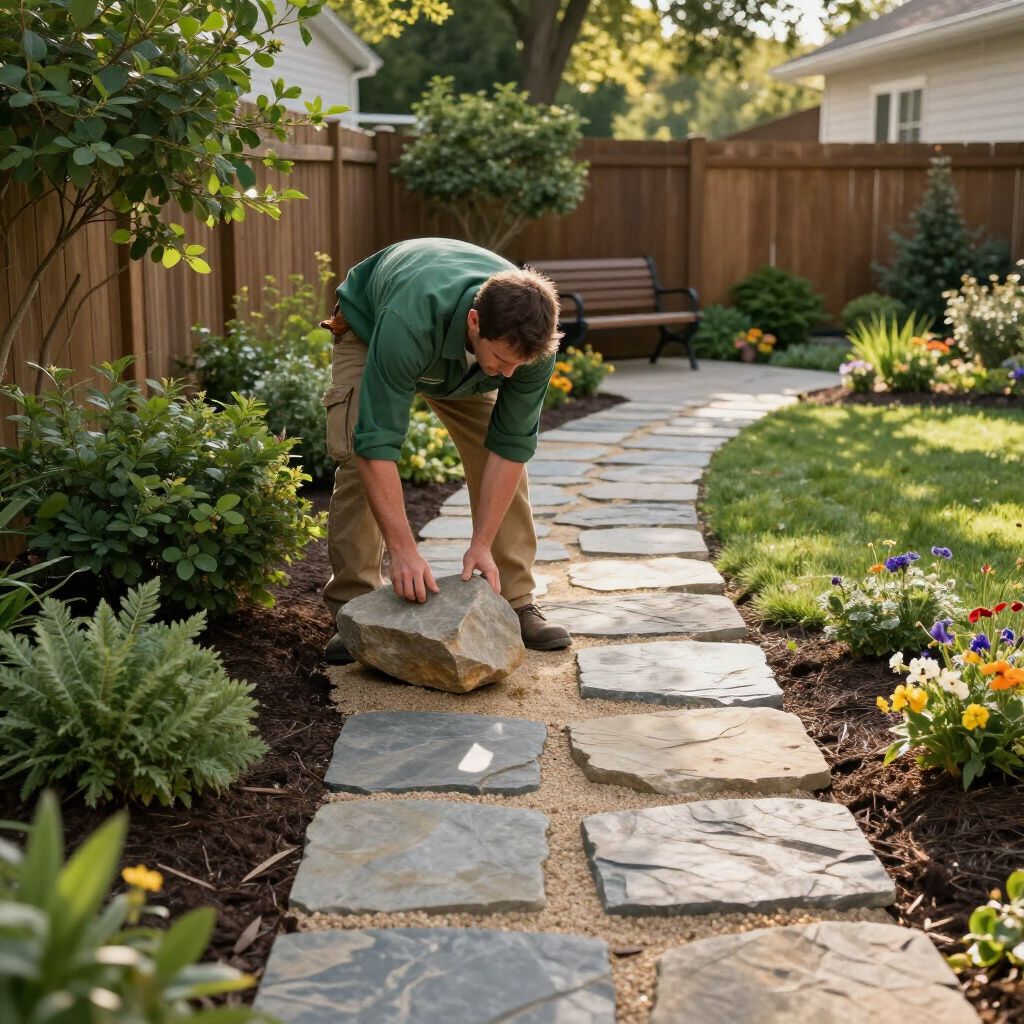 Man placing a stone on a garden pathway. Pathway lined with gravel and flowers, wooden fence background.