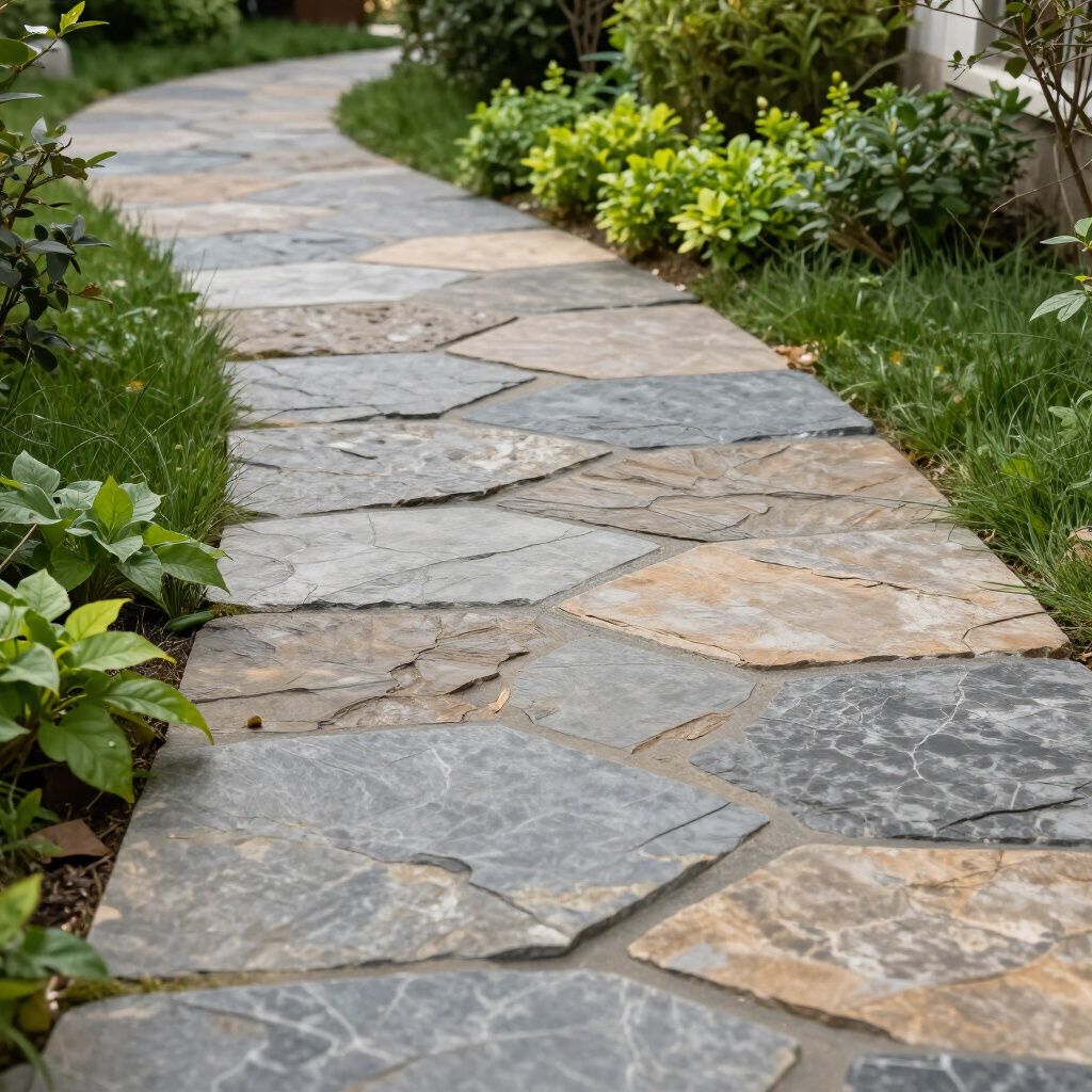 Stone path winds through a garden, bordered by grass and lush greenery.