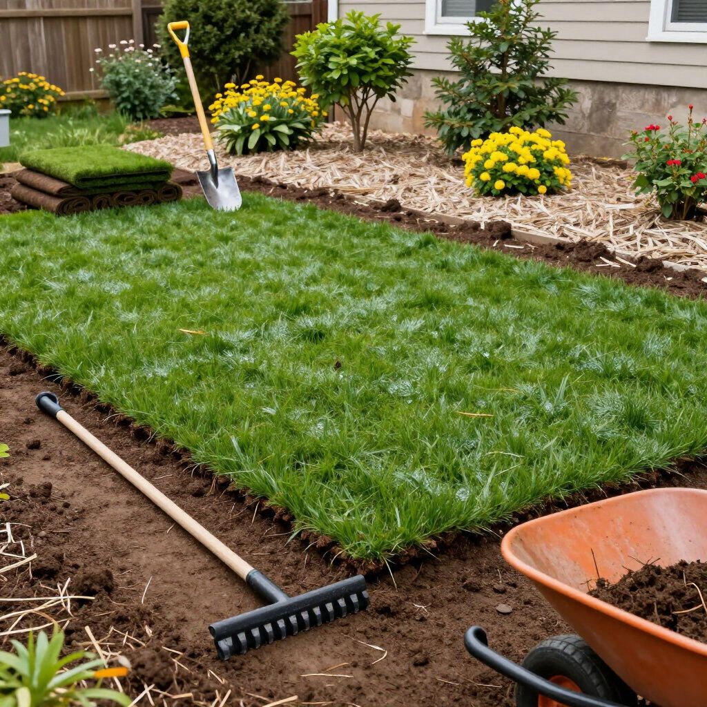 Laying sod in a backyard garden with tools: rake, shovel, wheelbarrow, and freshly laid grass.