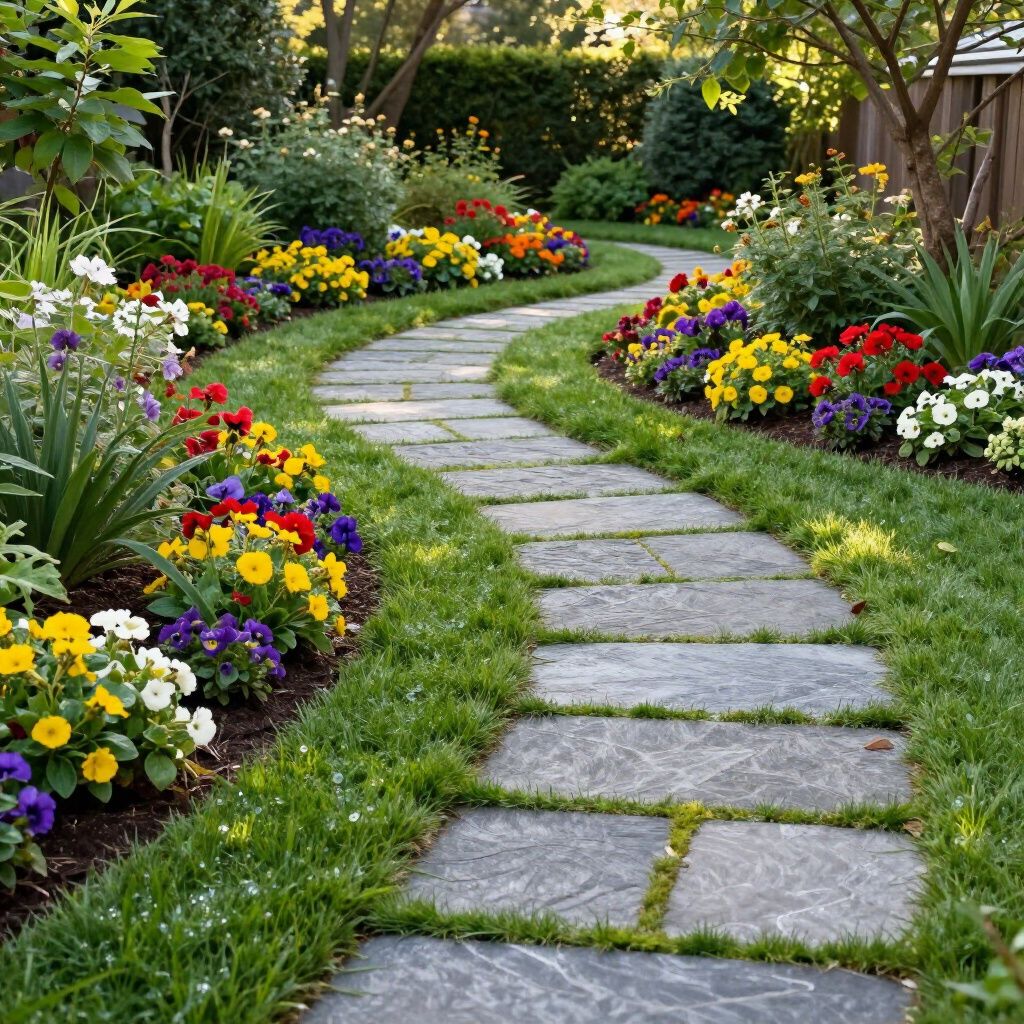 Stone path winds through a vibrant garden bed filled with colorful flowers.