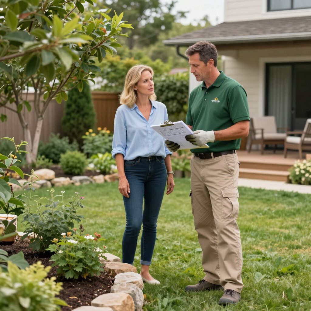 Woman and landscaper in a backyard, discussing a clipboard; sunny day.