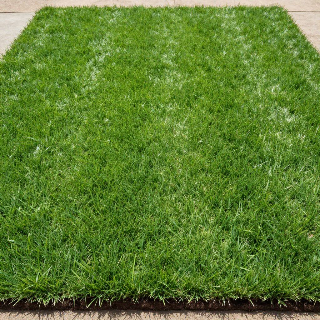 Square patch of vibrant green grass on a brown surface.