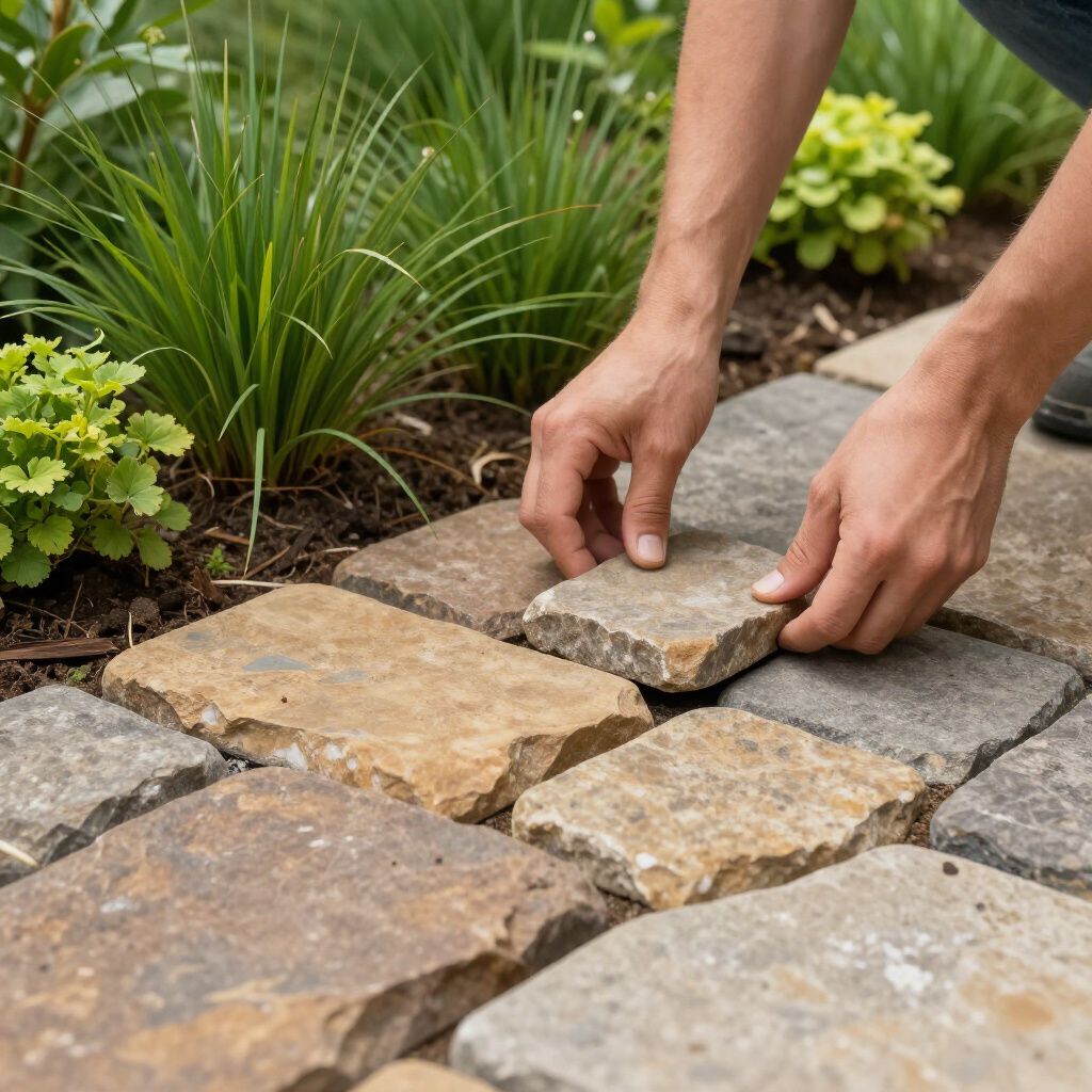 Hands placing a stone paver in a garden pathway. Brown and tan stones with green plants in the background.