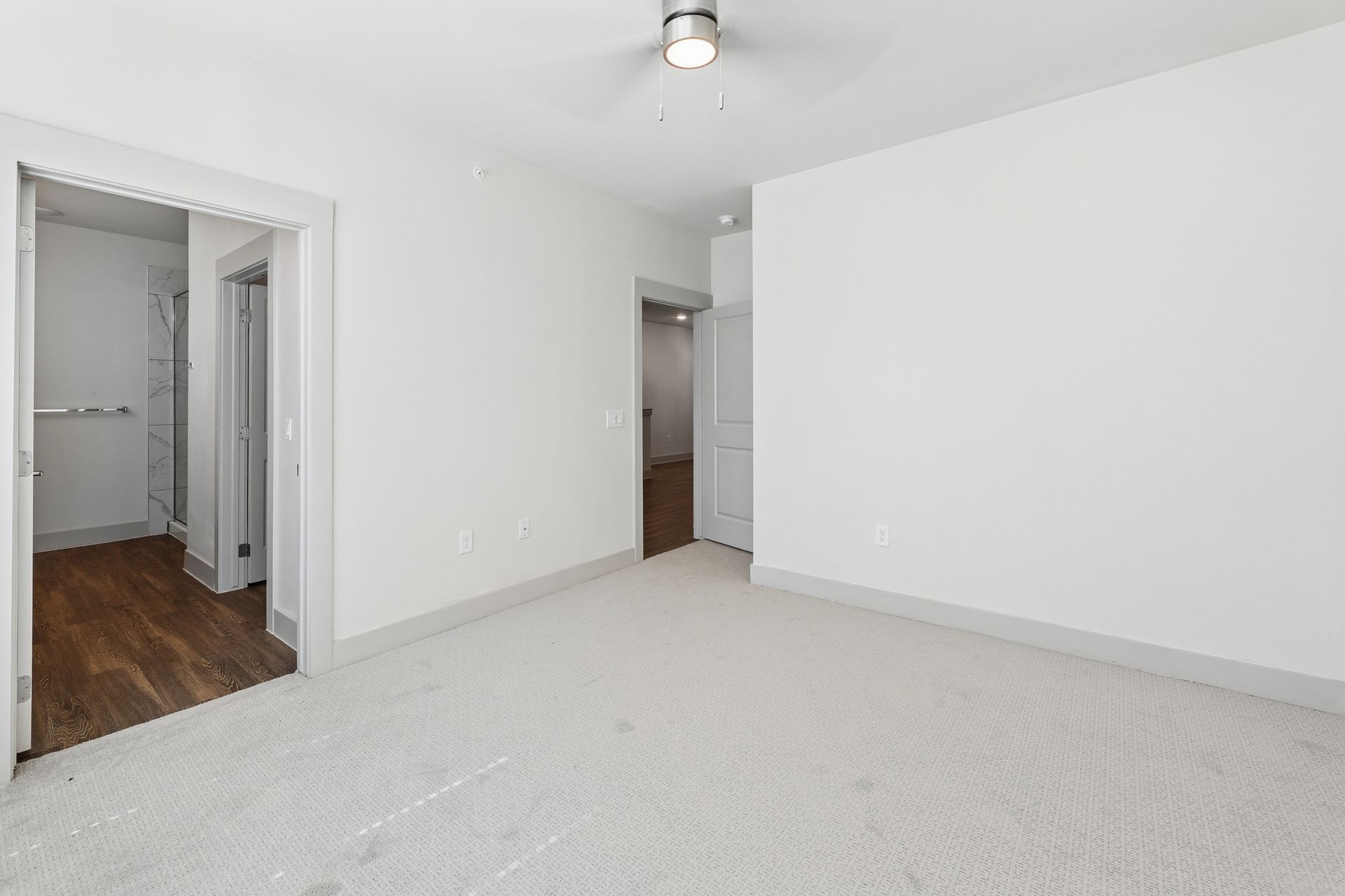 Empty bright bedroom with white walls, beige carpet, and open doorways to a hall and closet.