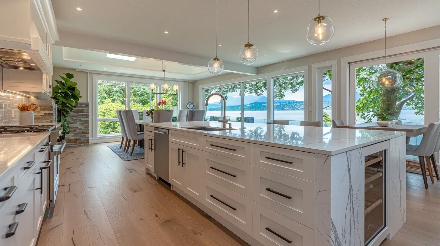 Vancouver kitchen renovation with modern open-concept kitchen remodeling, custom cabinetry installation, quartz waterfall island, tile backsplash, engineered hardwood flooring, and LED lighting upgrades in Vancouver BC.
Luxury kitchen remodeling Vancouver BC showcasing marble countertops, bespoke millwork cabinetry, premium appliance integration, recessed lighting, and professional design-build kitchen renovation services.
Contemporary Vancouver kitchen remodel featuring shaker cabinets, granite island installation, glass backsplash design, vinyl plank flooring, and full-service kitchen renovation execution.
Residential kitchen renovation Vancouver with custom pantry storage solutions, quartz slab countertop replacement, tile flooring installation, and layout redesign by licensed contractors.