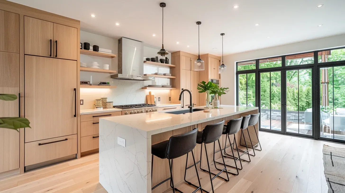 Vancouver kitchen renovation featuring custom cabinetry installation, quartz waterfall island, tile backsplash design, engineered hardwood flooring, LED recessed lighting, and full-service kitchen remodeling in Vancouver BC.
Modern Vancouver kitchen remodeling project with open-concept layout redesign, structural wall removal, granite countertop upgrade, custom island seating, and professional design-build contractors.
Luxury kitchen renovation Vancouver BC showcasing marble slab countertops, bespoke millwork cabinetry, high-end appliance integration, and architectural lighting design.
Contemporary kitchen remodel in Vancouver featuring white shaker cabinets, quartz countertop installation, glass backsplash, hardwood flooring replacement, and complete renovation services.