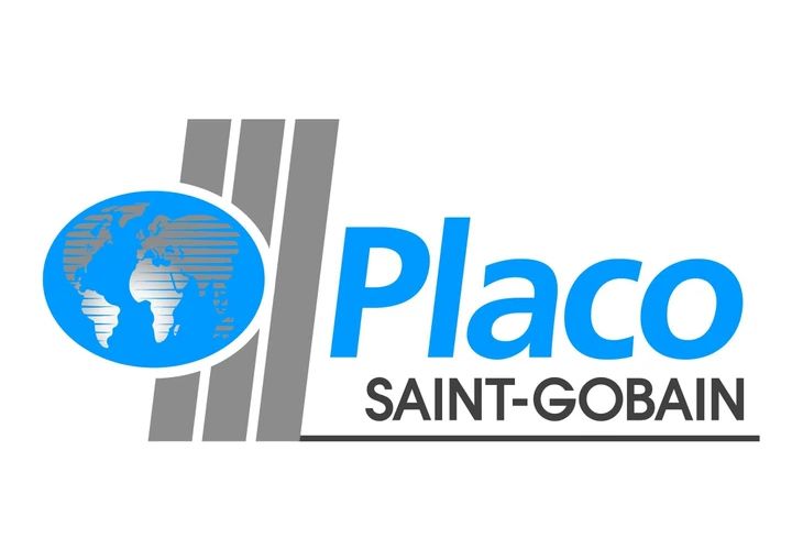 Um logotipo da Placo Saint Gobain com um globo no meio